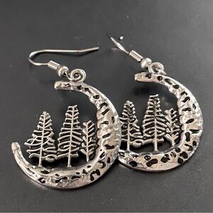 Silver Evergreen Forest Half Moon Dangle Earrings